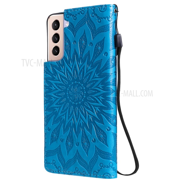 Imprint Sunflower Leather Wallet Case for Samsung Galaxy S21+ 5G - Blue-4