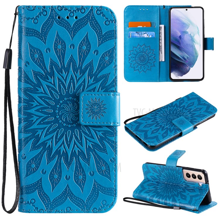 Imprint Sunflower Leather Wallet Case for Samsung Galaxy S21 5G - Blue-1