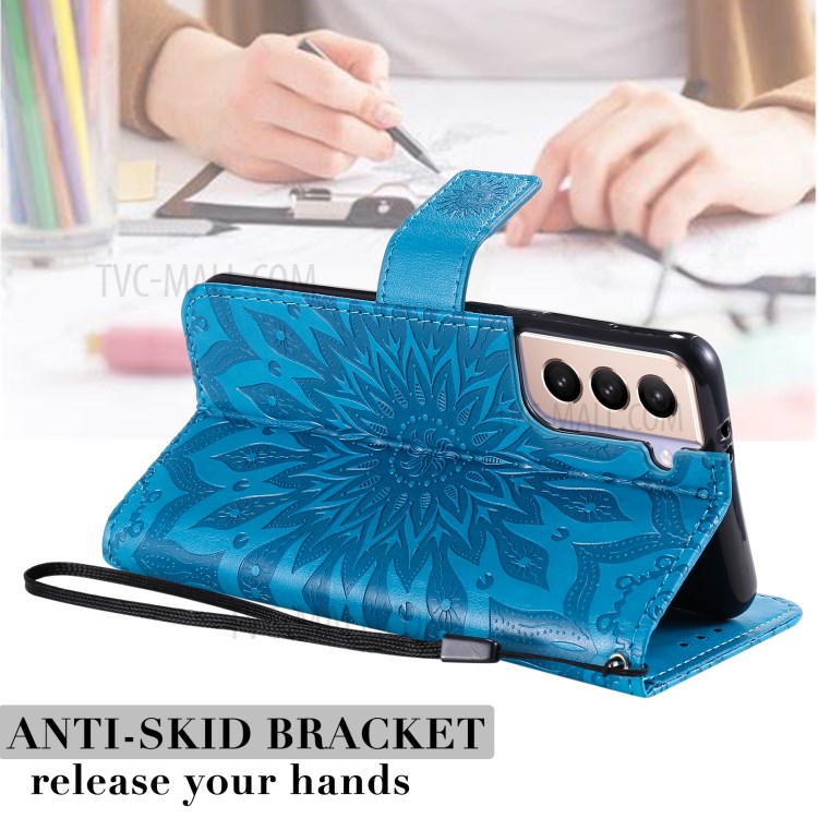 Imprint Sunflower Leather Wallet Case for Samsung Galaxy S21 5G - Blue-11