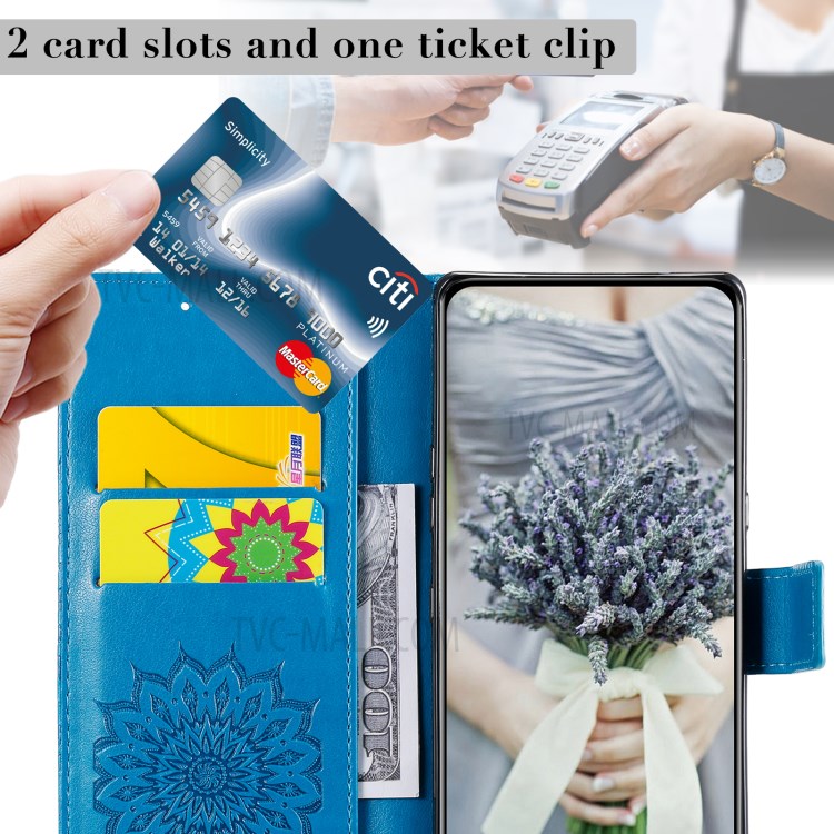 Imprint Sunflower Leather Wallet Case for Samsung Galaxy S21 5G - Blue-12