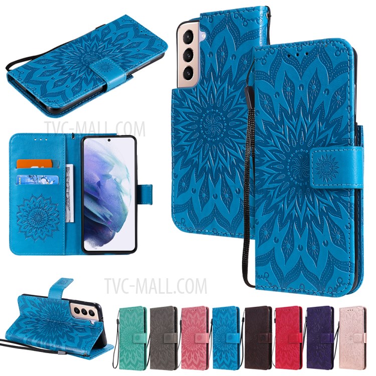 Imprint Sunflower Leather Wallet Case for Samsung Galaxy S21 5G - Blue-13