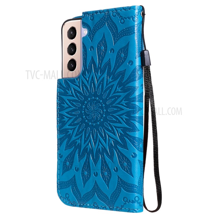 Imprint Sunflower Leather Wallet Case for Samsung Galaxy S21 5G - Blue-4
