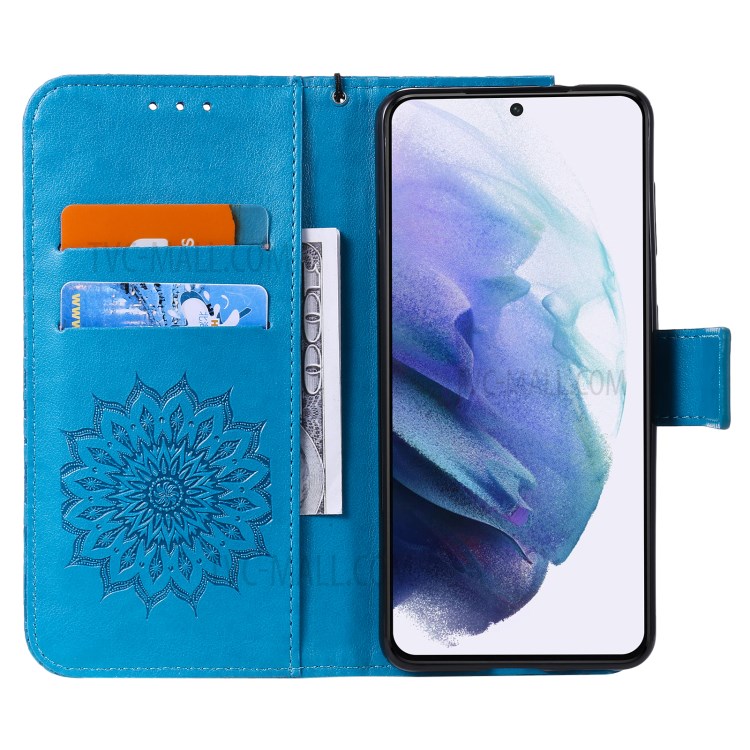 Imprint Sunflower Leather Wallet Case for Samsung Galaxy S21 5G - Blue-5