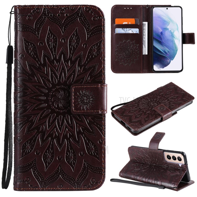 Imprint Sunflower Leather Wallet Case for Samsung Galaxy S21 5G - Brown-1