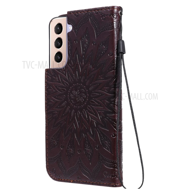Imprint Sunflower Leather Wallet Case for Samsung Galaxy S21 5G - Brown-4