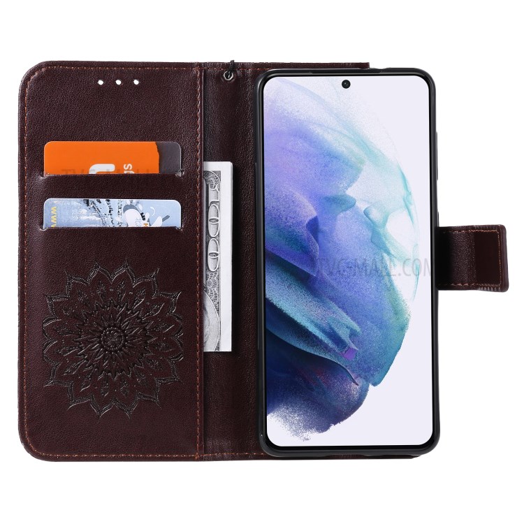Imprint Sunflower Leather Wallet Case for Samsung Galaxy S21 5G - Brown-5