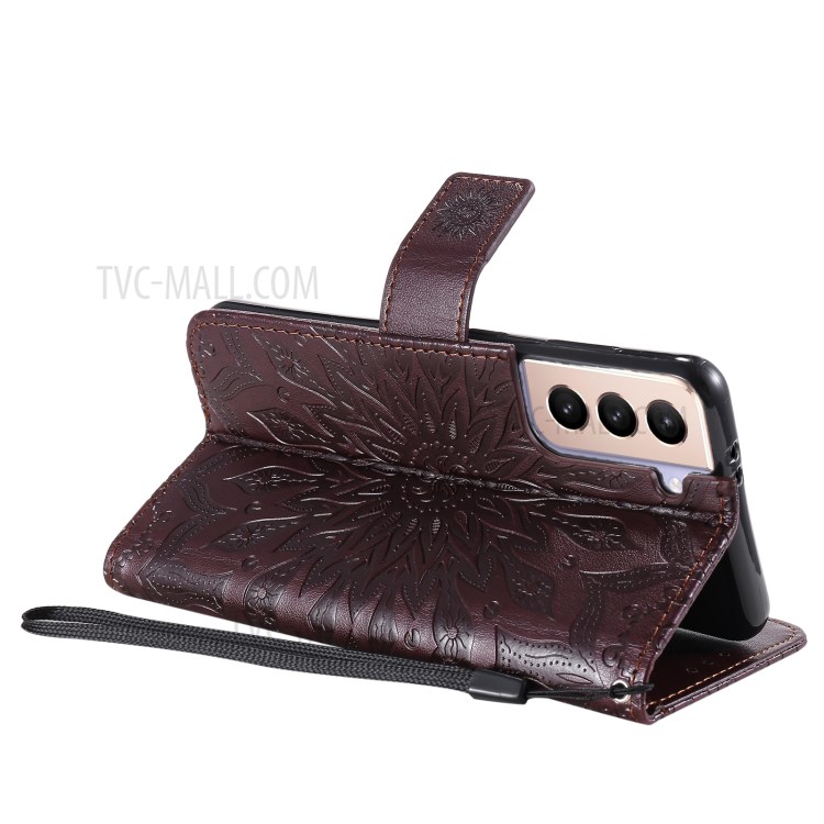 Imprint Sunflower Leather Wallet Case for Samsung Galaxy S21 5G - Brown-6