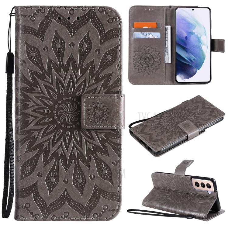 Imprint Sunflower Leather Wallet Case for Samsung Galaxy S21 5G - Grey-1