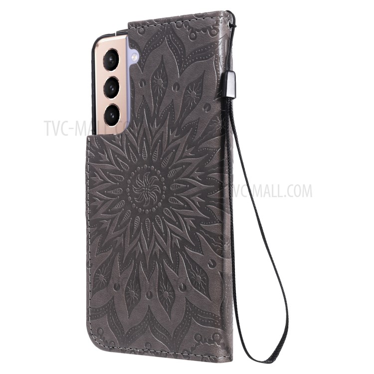 Imprint Sunflower Leather Wallet Case for Samsung Galaxy S21 5G - Grey-4