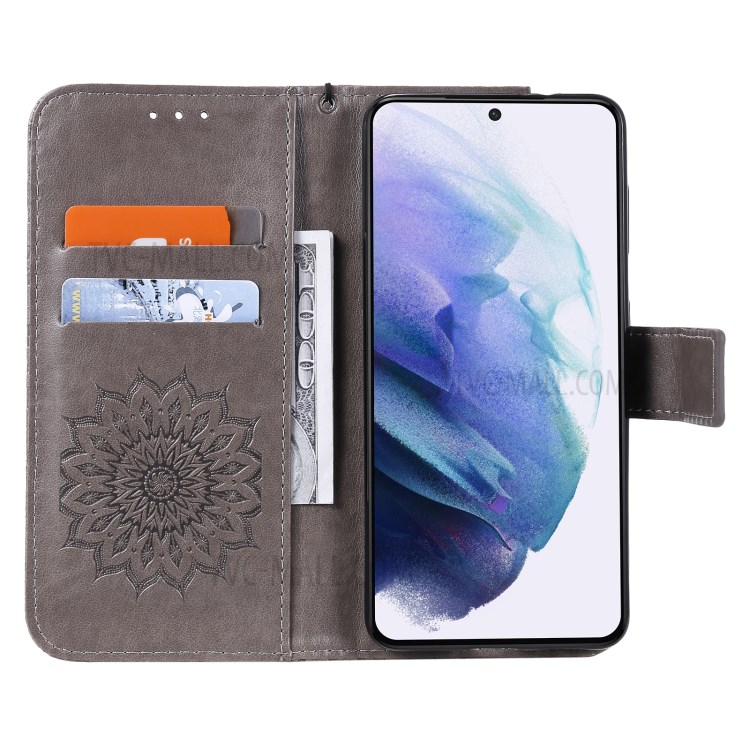 Imprint Sunflower Leather Wallet Case for Samsung Galaxy S21 5G - Grey-5