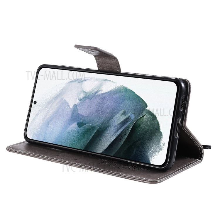 Imprint Sunflower Leather Wallet Case for Samsung Galaxy S21 5G - Grey-7