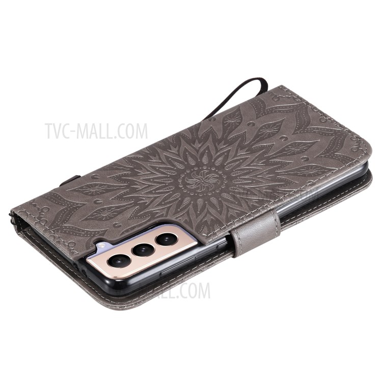 Imprint Sunflower Leather Wallet Case for Samsung Galaxy S21 5G - Grey-8