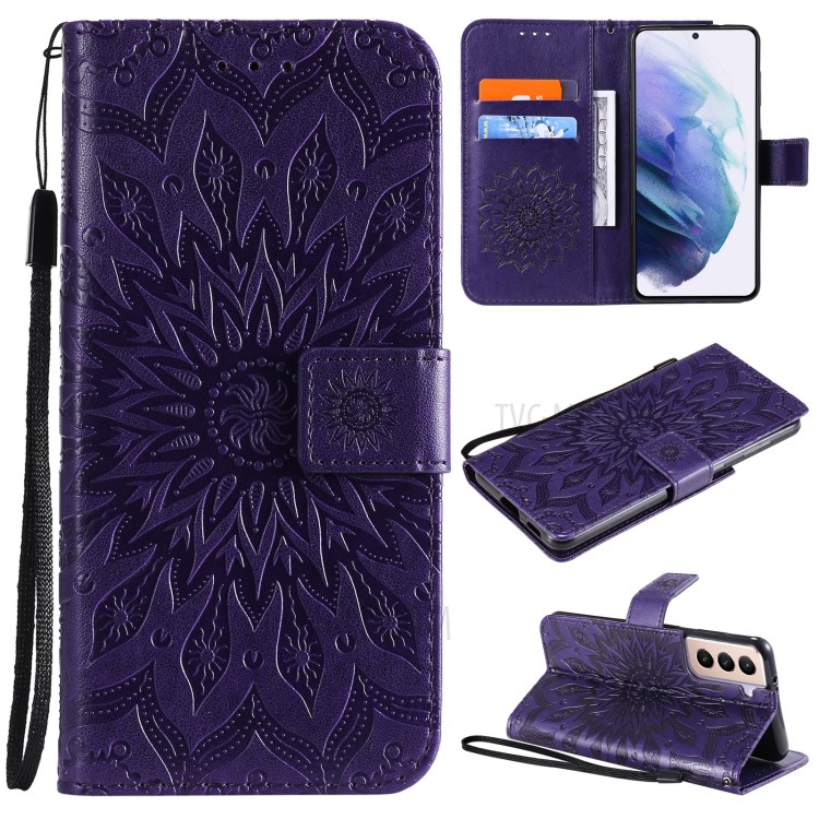 Imprint Sunflower Leather Wallet Case for Samsung Galaxy S21 5G - Purple-1