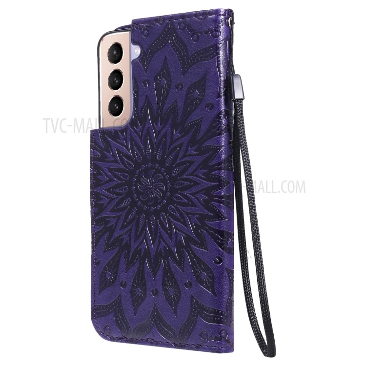 Imprint Sunflower Leather Wallet Case for Samsung Galaxy S21 5G - Purple-4