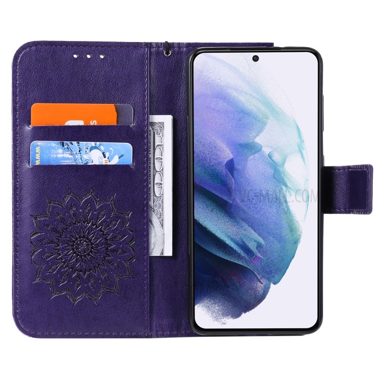 Imprint Sunflower Leather Wallet Case for Samsung Galaxy S21 5G - Purple-5