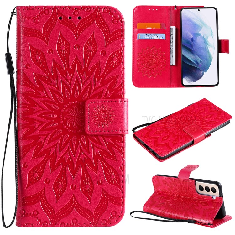 Imprint Sunflower Leather Wallet Case for Samsung Galaxy S21 5G - Red-1