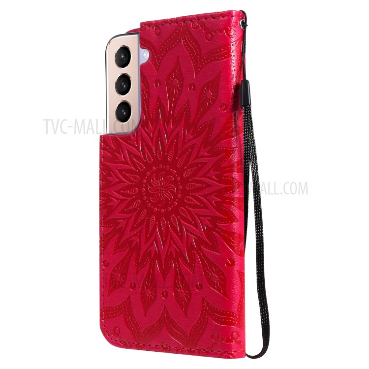Imprint Sunflower Leather Wallet Case for Samsung Galaxy S21 5G - Red-4