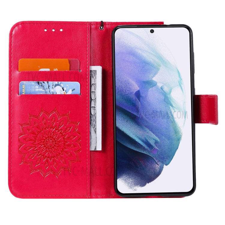 Imprint Sunflower Leather Wallet Case for Samsung Galaxy S21 5G - Red-5