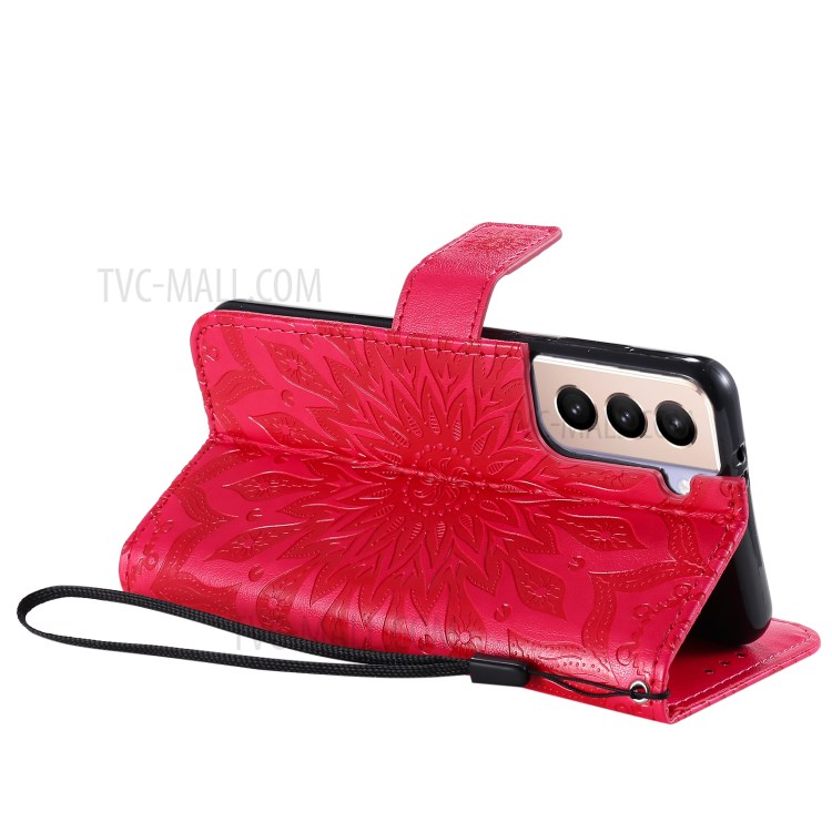 Imprint Sunflower Leather Wallet Case for Samsung Galaxy S21 5G - Red-6