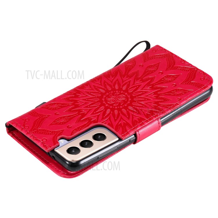 Imprint Sunflower Leather Wallet Case for Samsung Galaxy S21 5G - Red-8