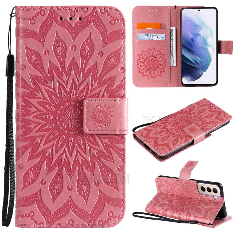 Imprint Sunflower Leather Wallet Case for Samsung Galaxy S21 5G - Pink-1