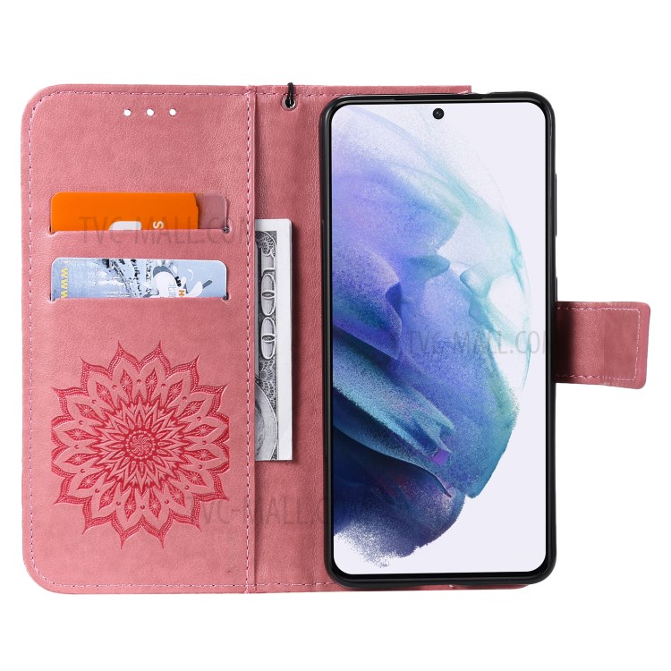Imprint Sunflower Leather Wallet Case for Samsung Galaxy S21 5G - Pink-5