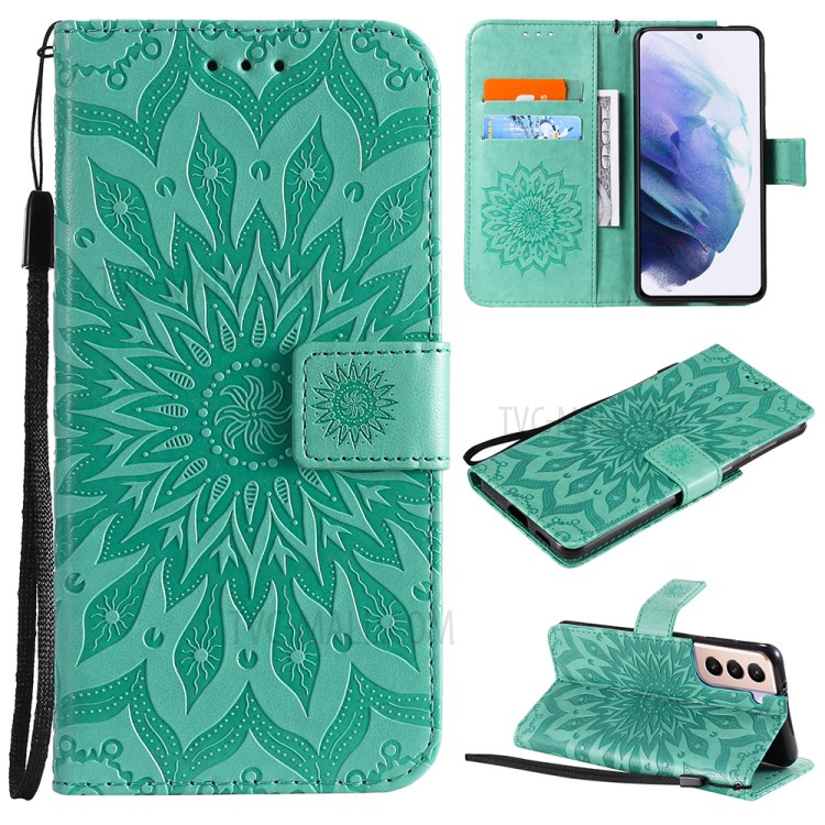 Imprint Sunflower Leather Wallet Case for Samsung Galaxy S21 5G - Green-1