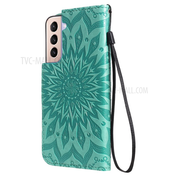 Imprint Sunflower Leather Wallet Case for Samsung Galaxy S21 5G - Green-4