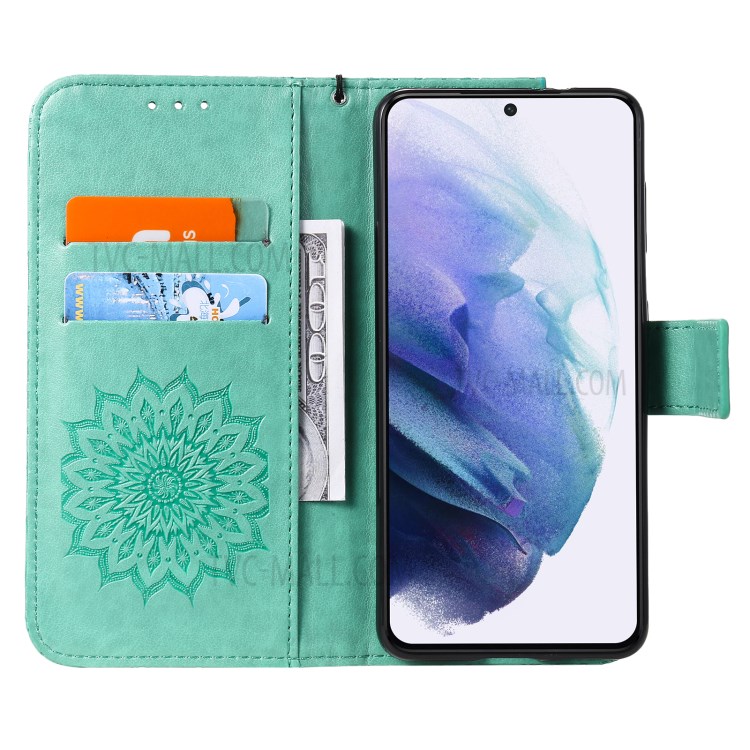 Imprint Sunflower Leather Wallet Case for Samsung Galaxy S21 5G - Green-5