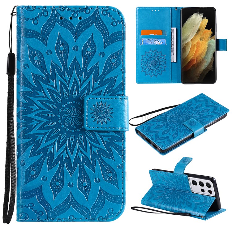Imprint Sunflower Leather Wallet Case for Samsung Galaxy S21 Ultra 5G - Blue-1