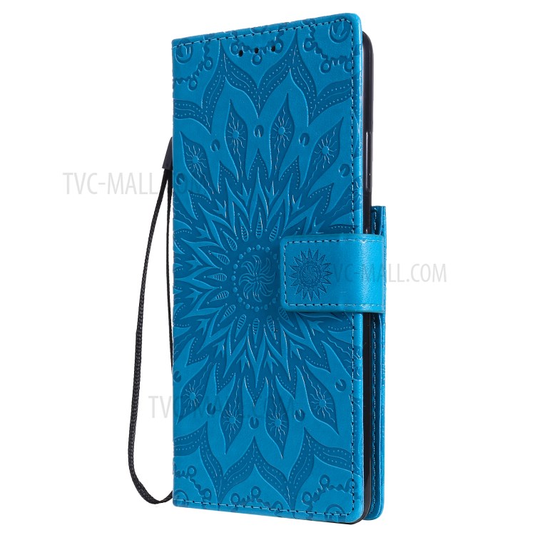 Imprint Sunflower Leather Wallet Case for Samsung Galaxy S21 Ultra 5G - Blue-3