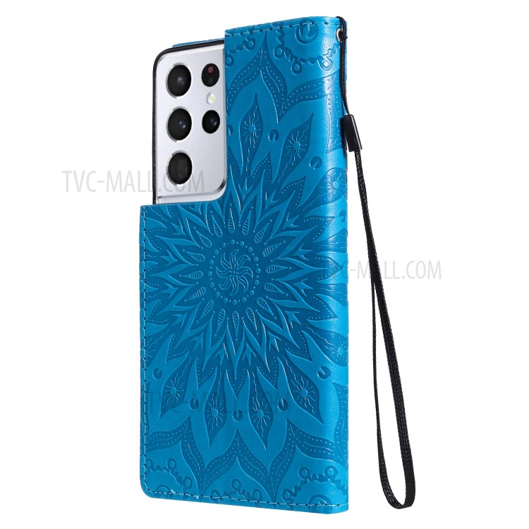Imprint Sunflower Leather Wallet Case for Samsung Galaxy S21 Ultra 5G - Blue-4