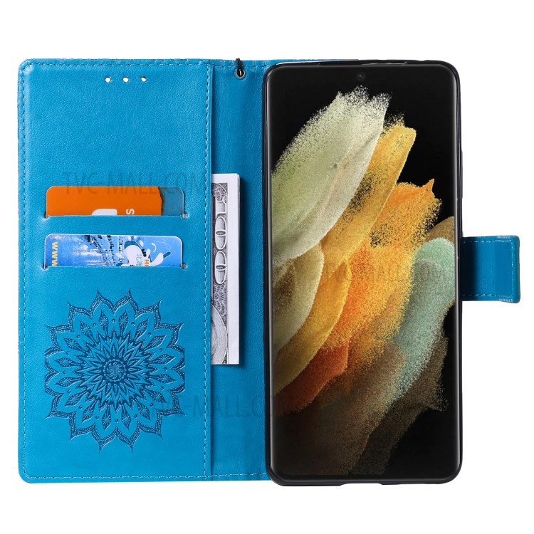 Imprint Sunflower Leather Wallet Case for Samsung Galaxy S21 Ultra 5G - Blue-5