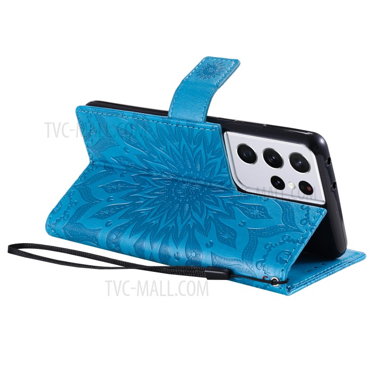 Imprint Sunflower Leather Wallet Case for Samsung Galaxy S21 Ultra 5G - Blue-6