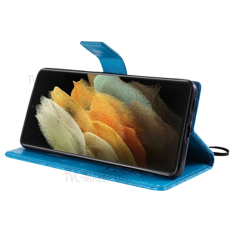 Imprint Sunflower Leather Wallet Case for Samsung Galaxy S21 Ultra 5G - Blue-7