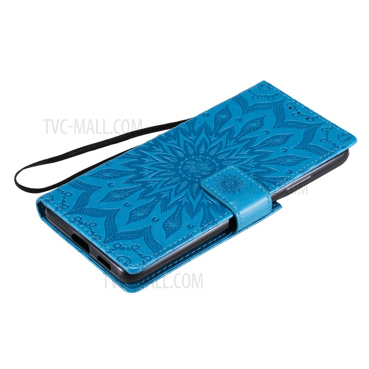 Imprint Sunflower Leather Wallet Case for Samsung Galaxy S21 Ultra 5G - Blue-8