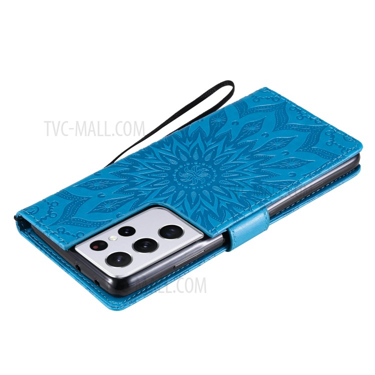 Imprint Sunflower Leather Wallet Case for Samsung Galaxy S21 Ultra 5G - Blue-9