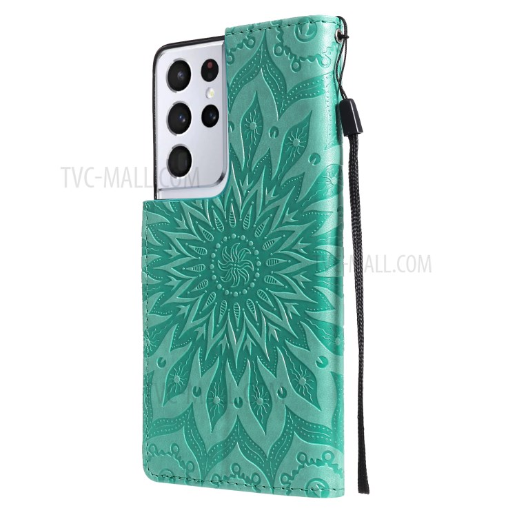 Imprint Sunflower Leather Wallet Case for Samsung Galaxy S21 Ultra 5G - Green-4