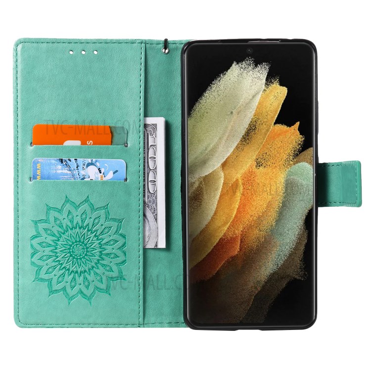 Imprint Sunflower Leather Wallet Case for Samsung Galaxy S21 Ultra 5G - Green-5