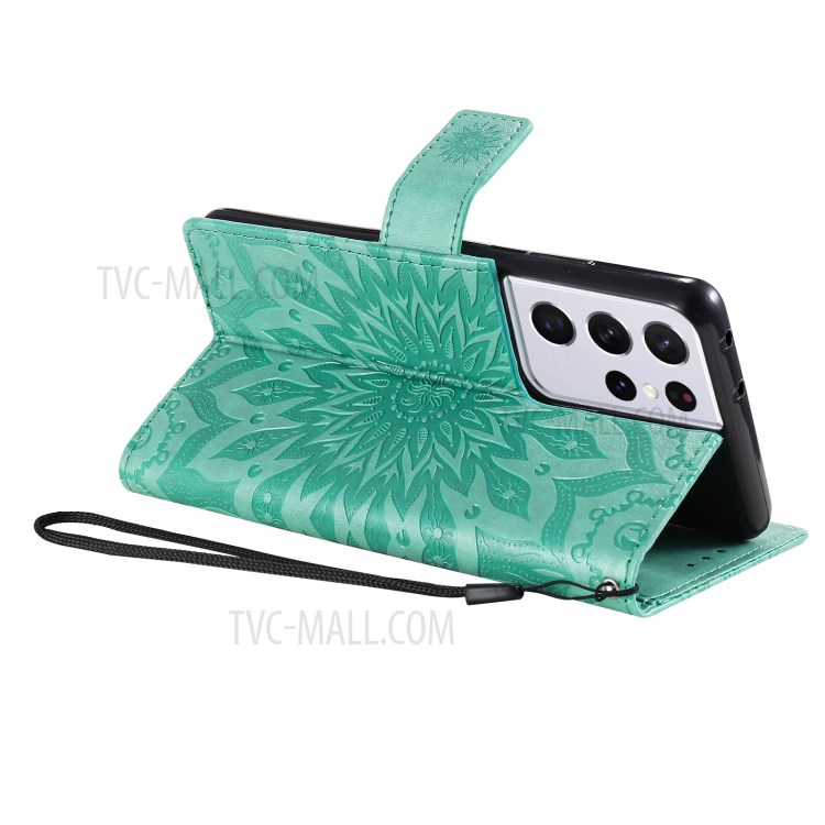 Imprint Sunflower Leather Wallet Case for Samsung Galaxy S21 Ultra 5G - Green-6