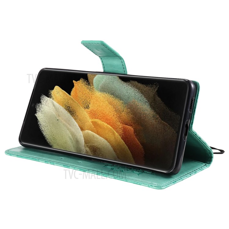 Imprint Sunflower Leather Wallet Case for Samsung Galaxy S21 Ultra 5G - Green-7