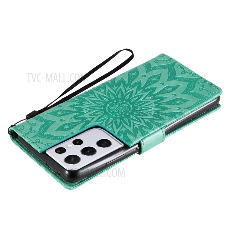 Imprint Sunflower Leather Wallet Case for Samsung Galaxy S21 Ultra 5G - Green-9