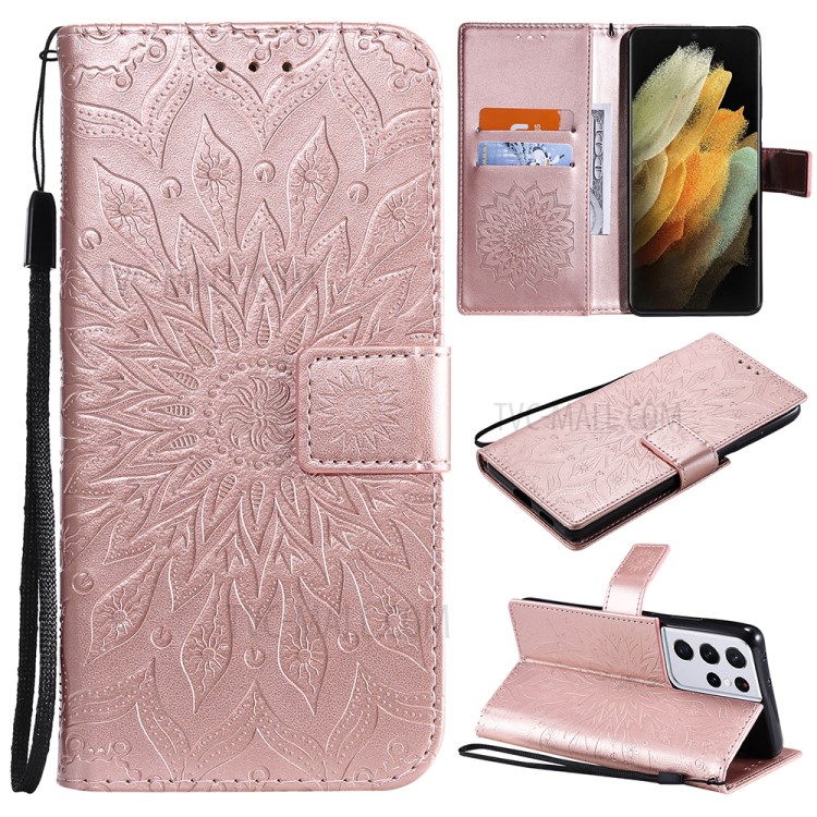 Imprint Sunflower Leather Wallet Case for Samsung Galaxy S21 Ultra 5G - Rose Gold-1
