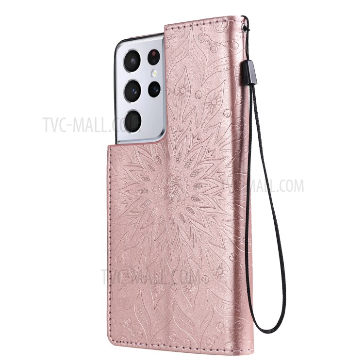 Imprint Sunflower Leather Wallet Case for Samsung Galaxy S21 Ultra 5G - Rose Gold-4