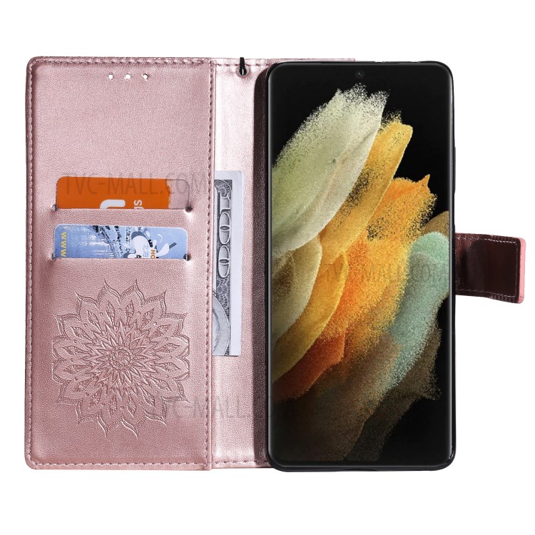 Imprint Sunflower Leather Wallet Case for Samsung Galaxy S21 Ultra 5G - Rose Gold-5