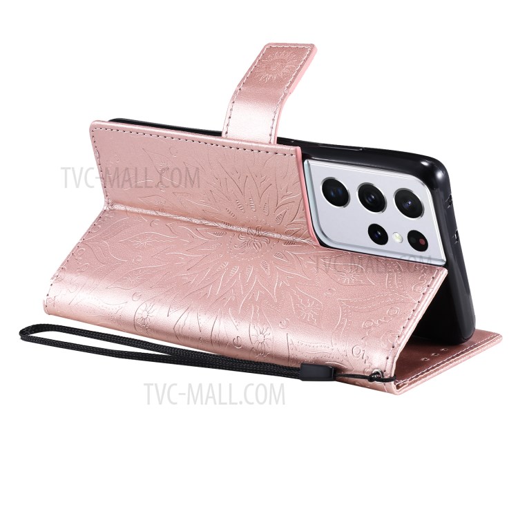 Imprint Sunflower Leather Wallet Case for Samsung Galaxy S21 Ultra 5G - Rose Gold-6
