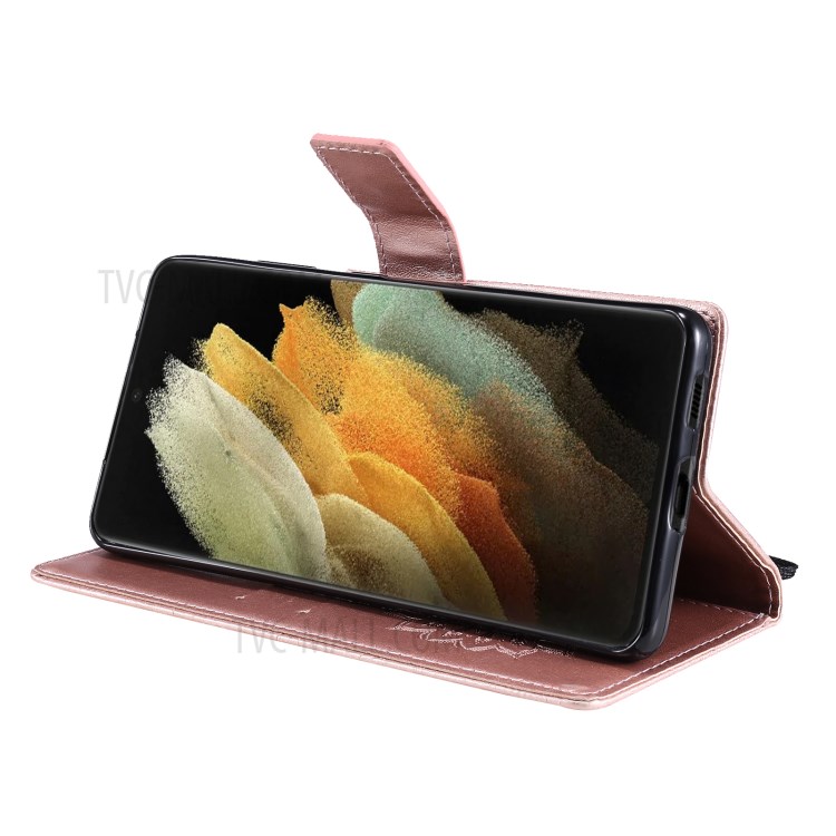 Imprint Sunflower Leather Wallet Case for Samsung Galaxy S21 Ultra 5G - Rose Gold-7