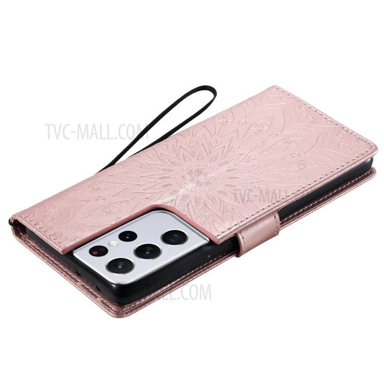 Imprint Sunflower Leather Wallet Case for Samsung Galaxy S21 Ultra 5G - Rose Gold-9
