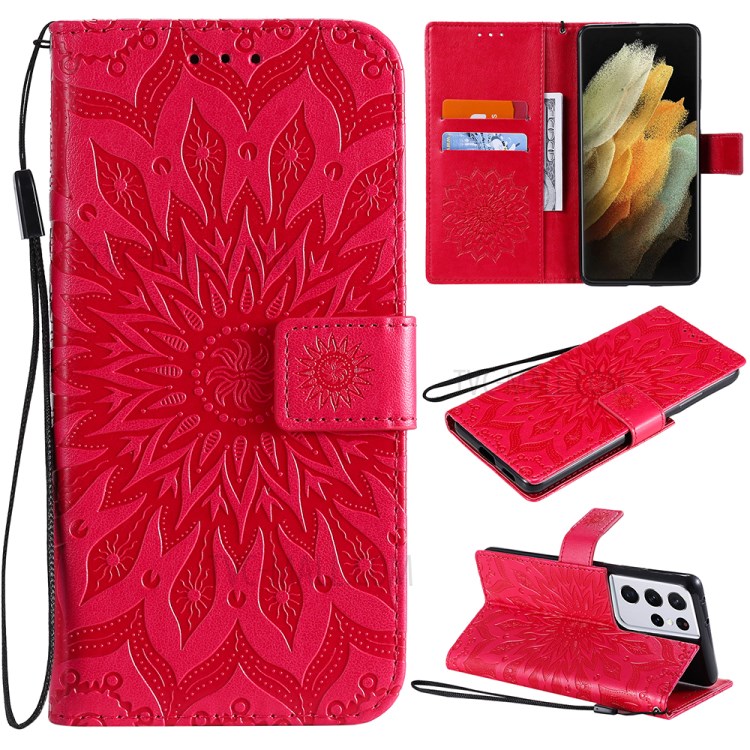 Imprint Sunflower Leather Wallet Case for Samsung Galaxy S21 Ultra 5G - Red-1
