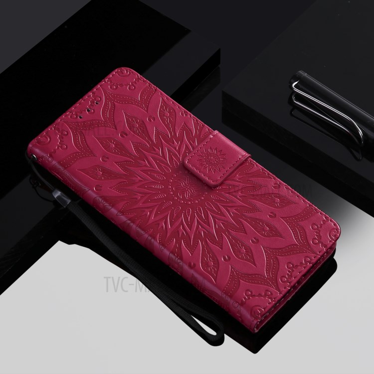 Imprint Sunflower Leather Wallet Case for Samsung Galaxy S21 Ultra 5G - Red-10